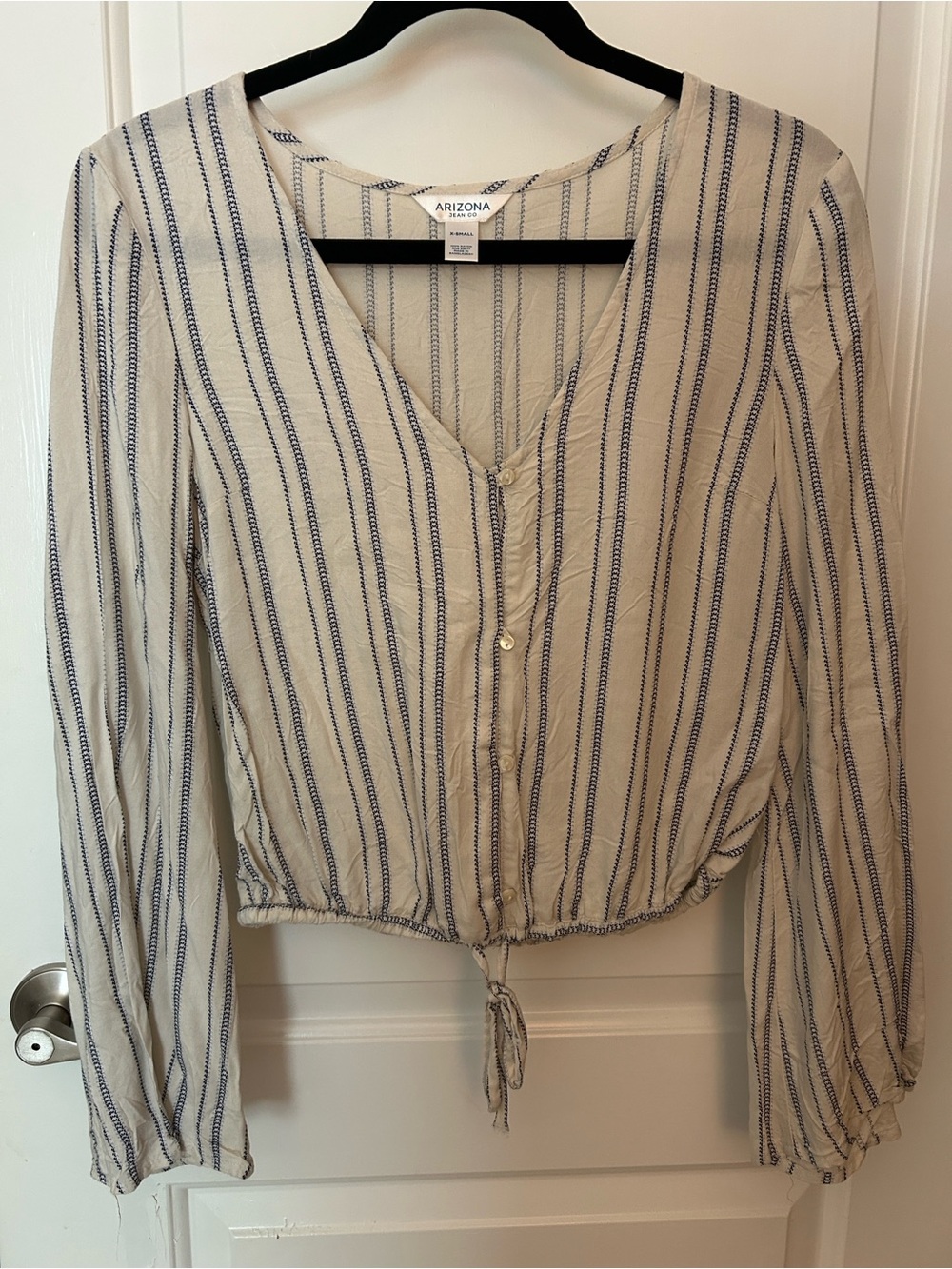 Arizona Jean Co. White and Blue Vertical-Strip Drawstring Blouse